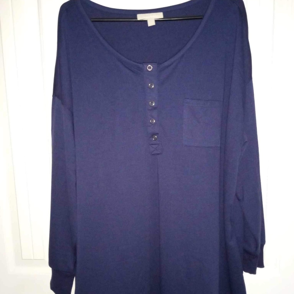 NWOT Woman Within Navy Blue Henley Long Sleeve, Plus Size 1X, Top, Tunic Pocket
